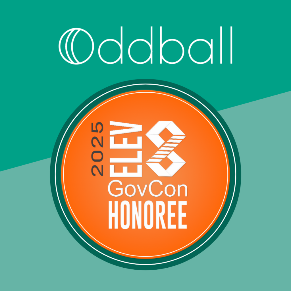 Oddball logo over teal background with circular orange badge that reads 2025 Elev8 GovCon Honoree