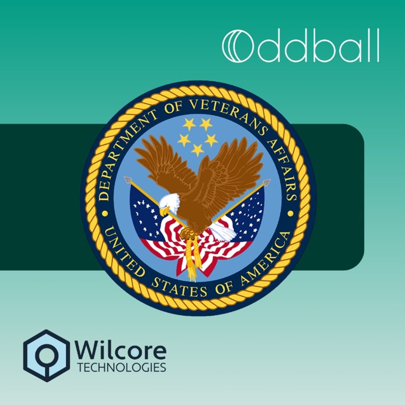 Gradient teal background with logos of Oddball, Wilcore Technologies, and U.S. Department of Veterans Affairs.